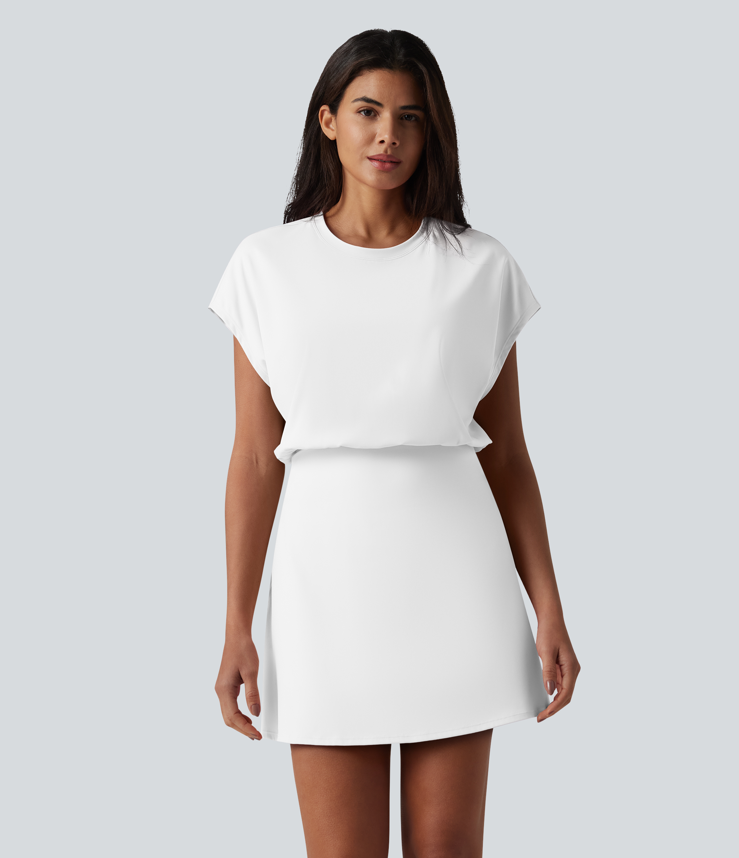 SoftlyZero™ Airy Round Neck Short Sleeve 2-in-1 Cool Touch Mini Yoga Active Dress with Pockets-Easy Peezy Edition Workout Dress - White