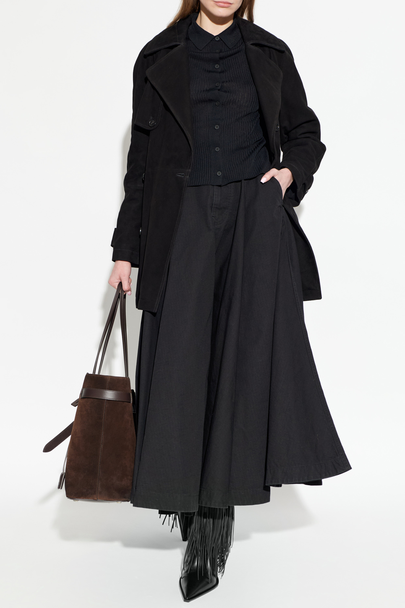 Suede Trench Coat With Belt, Women's, Black