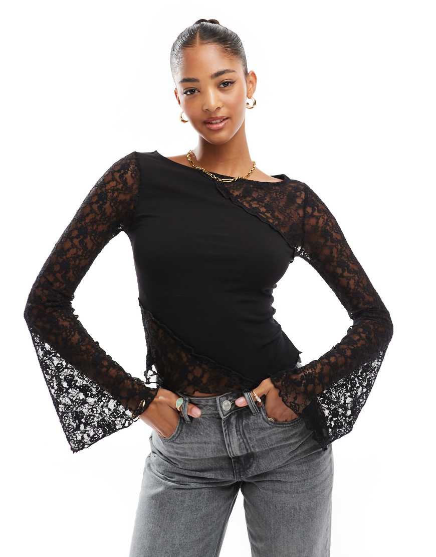 ASOS DESIGN angel sleeve seam detail lace top in black-White