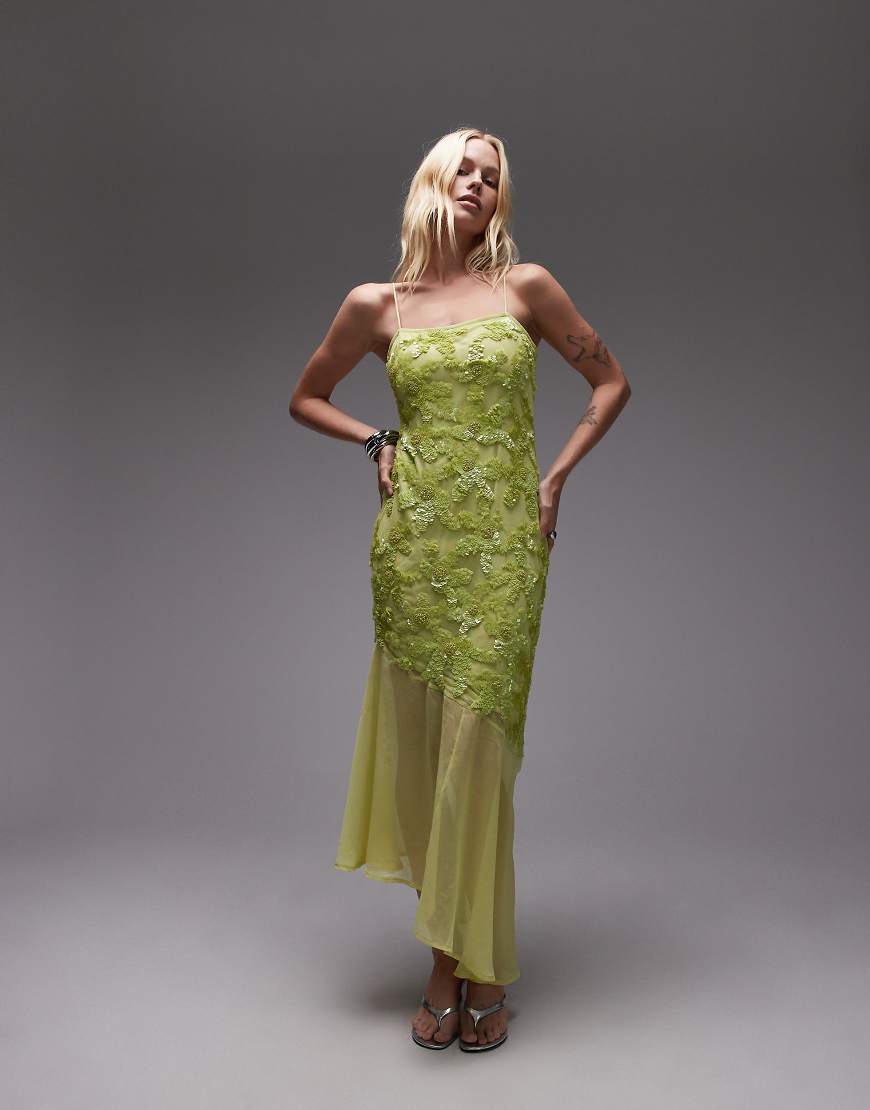 Embellished godet hem cami dress in lime green-Yellow
