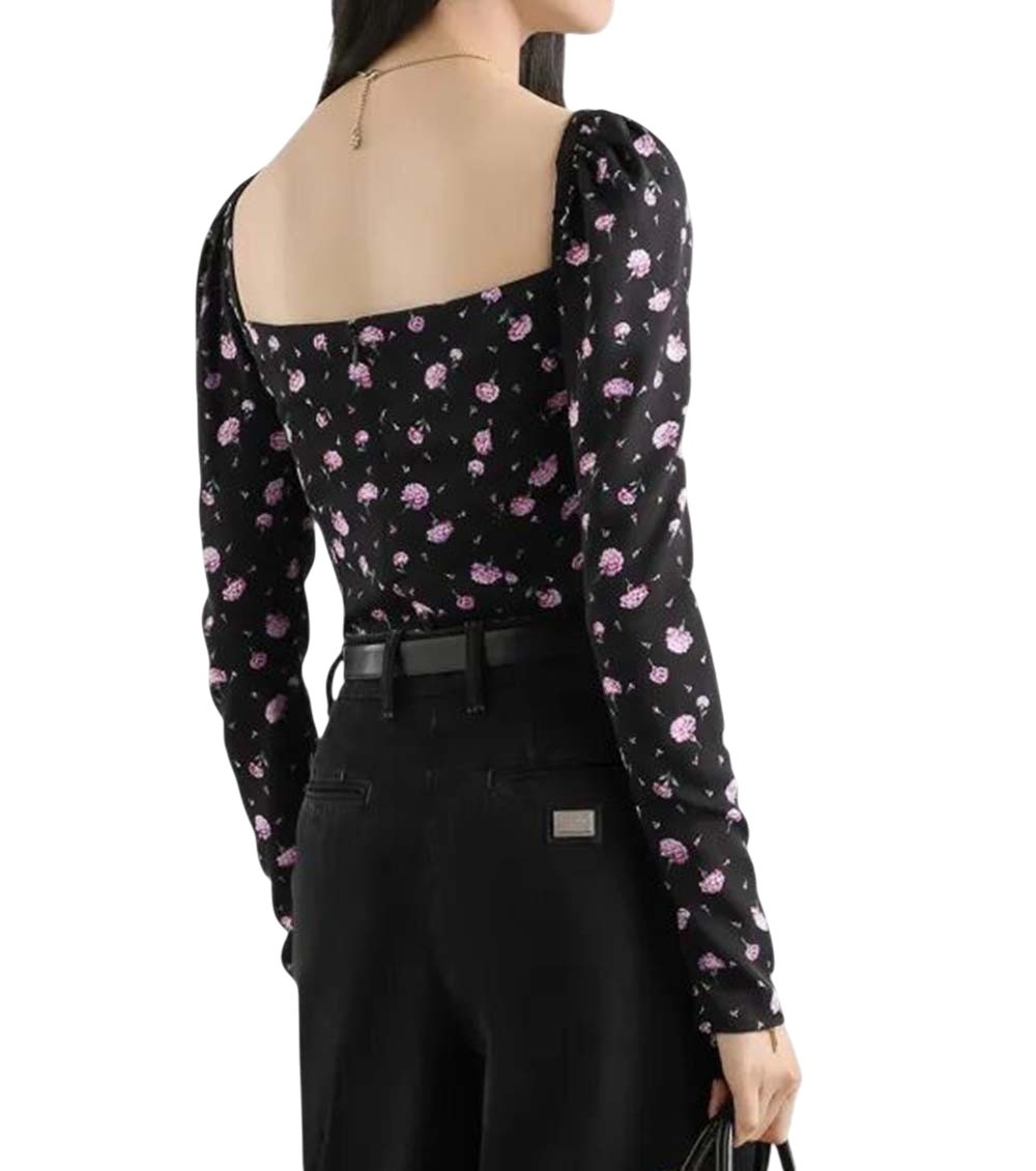 Black Square Neck Floral Print Top