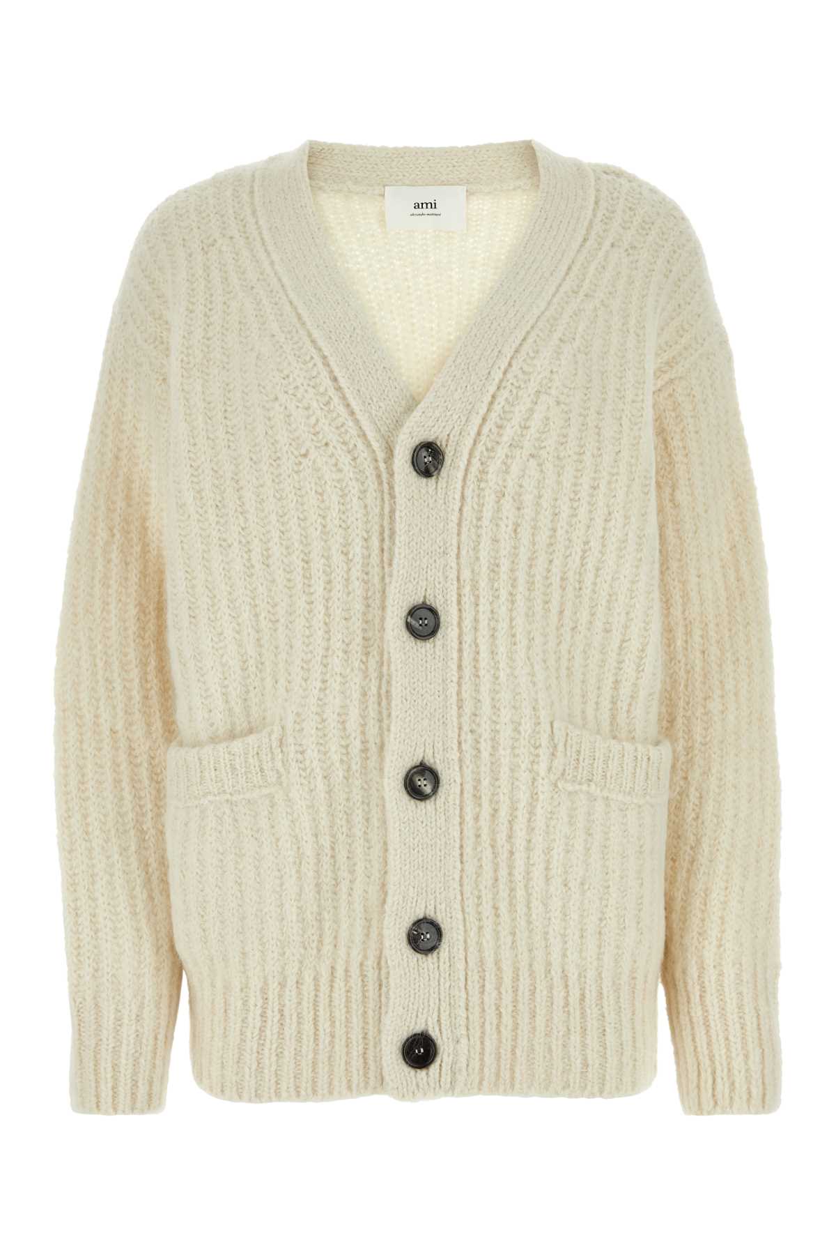 Alpaca-Blend Ribbed Cardigan — Beige
