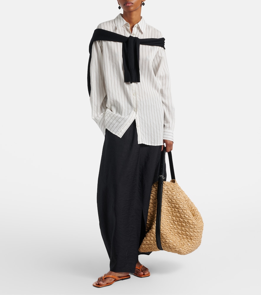 Leather-trimmed raffia and paper bucket bag