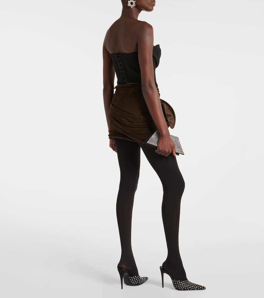 Floral-appliqué suede miniskirt