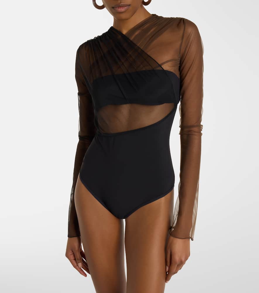 Cutout ruched sheer bodysuit