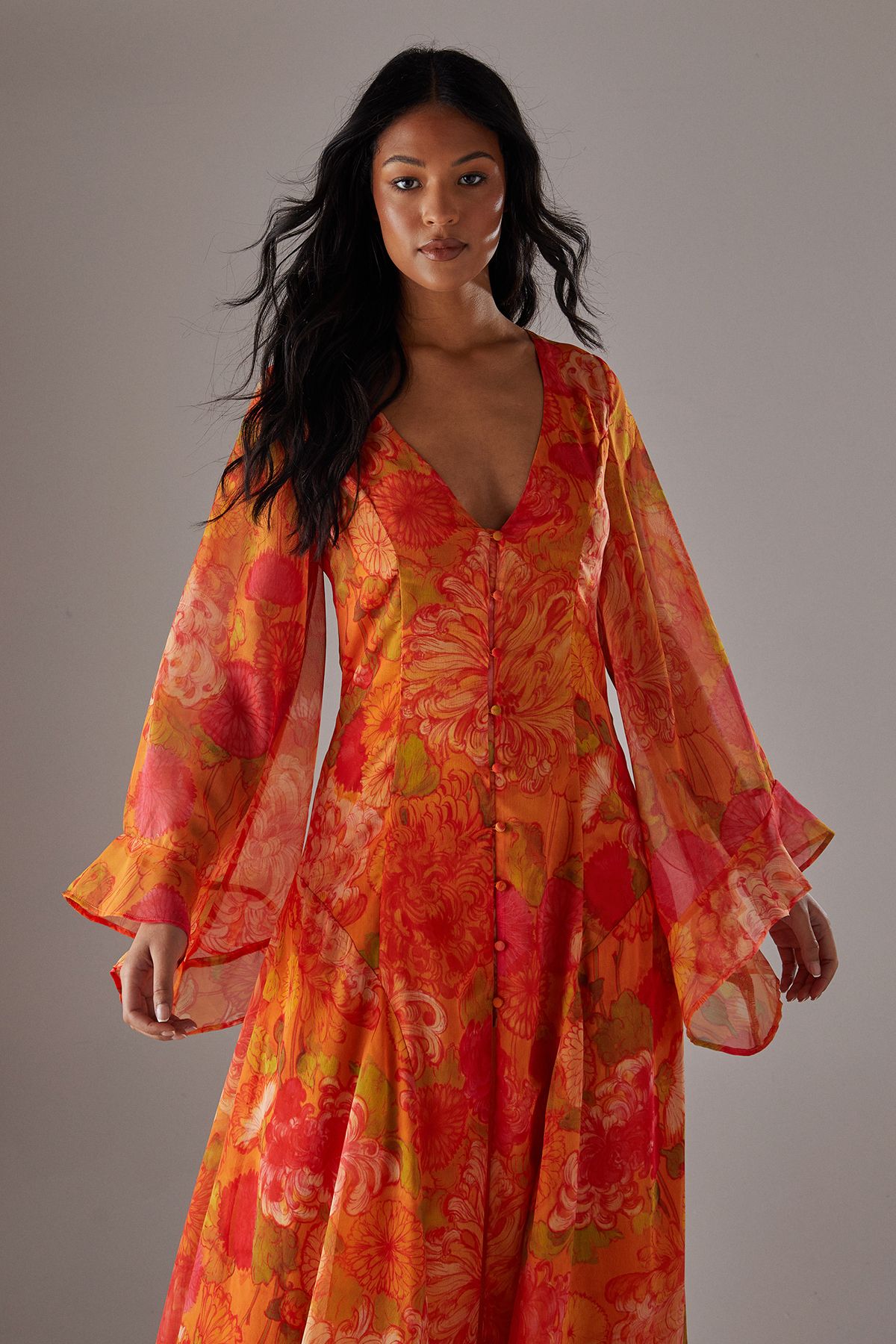 Warehouse Womens Chiffon Bohemian Button Through Maxi Dress - Orange