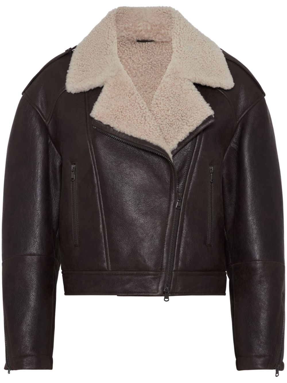 Shearling-collar leather biker jacket - Brown