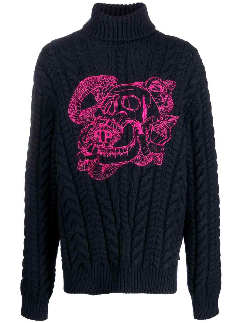 Embroidered-skull roll-neck jumper - Blue
