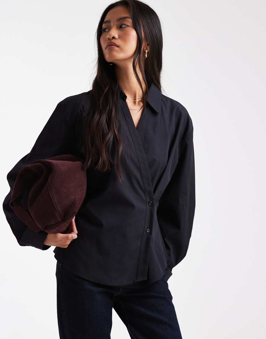 Wrap shirt with cocoon sleeve in black