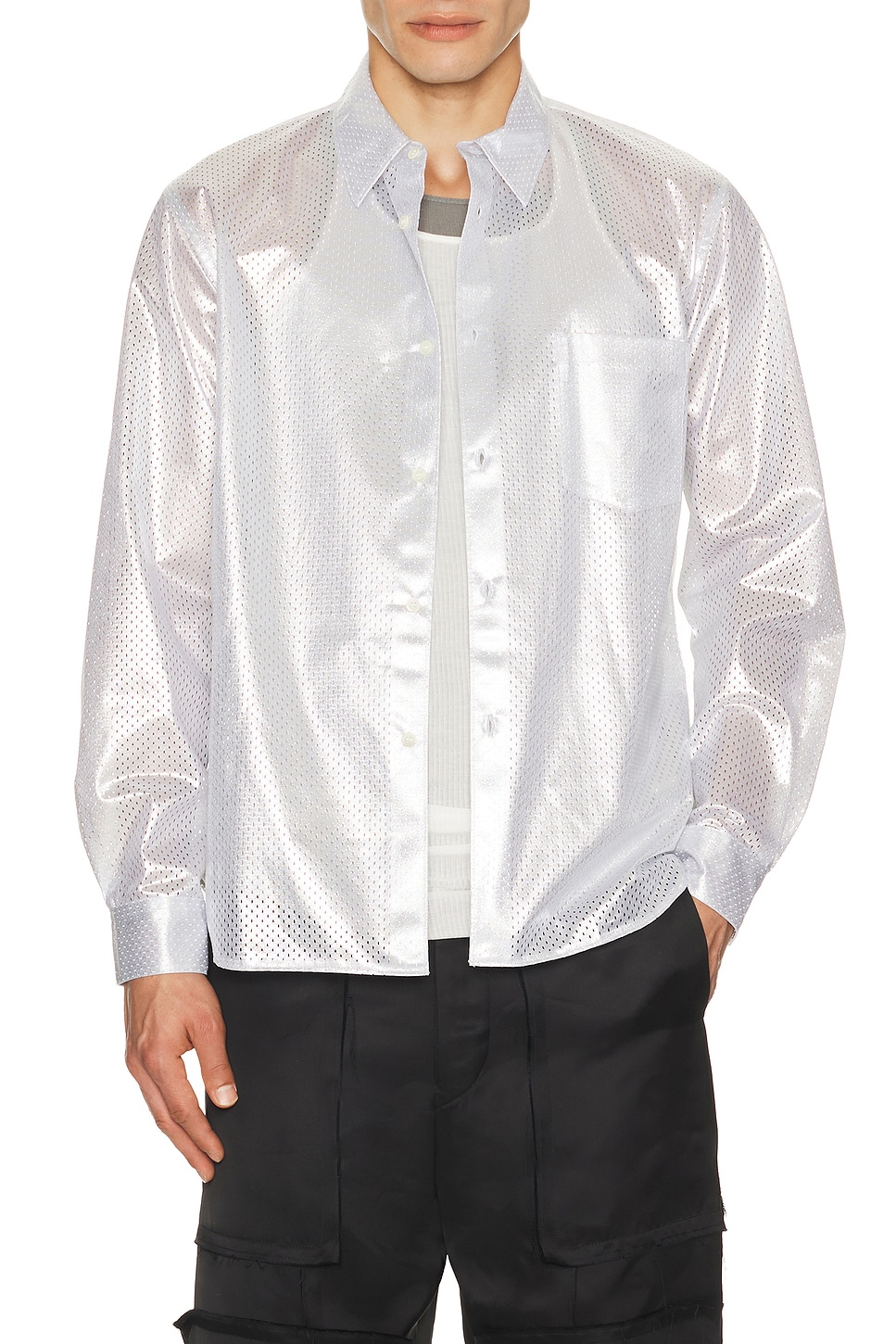COMME des GARCONS Homme Plus Satin Button Down Shirt in Silver - Metallic Silver. M also in XL/1X