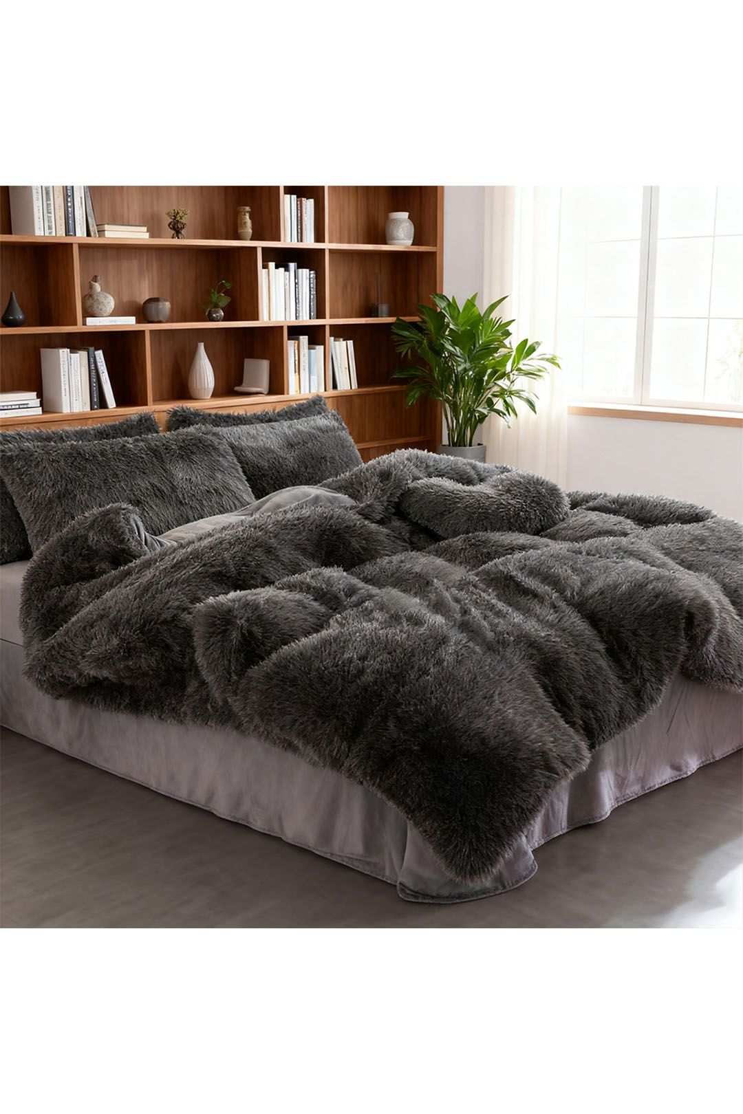 Living and Home Unisex 3Pcs Soft Skin-friendly Faux Mink Fleece Duvet Set in Dark Grey | : Single