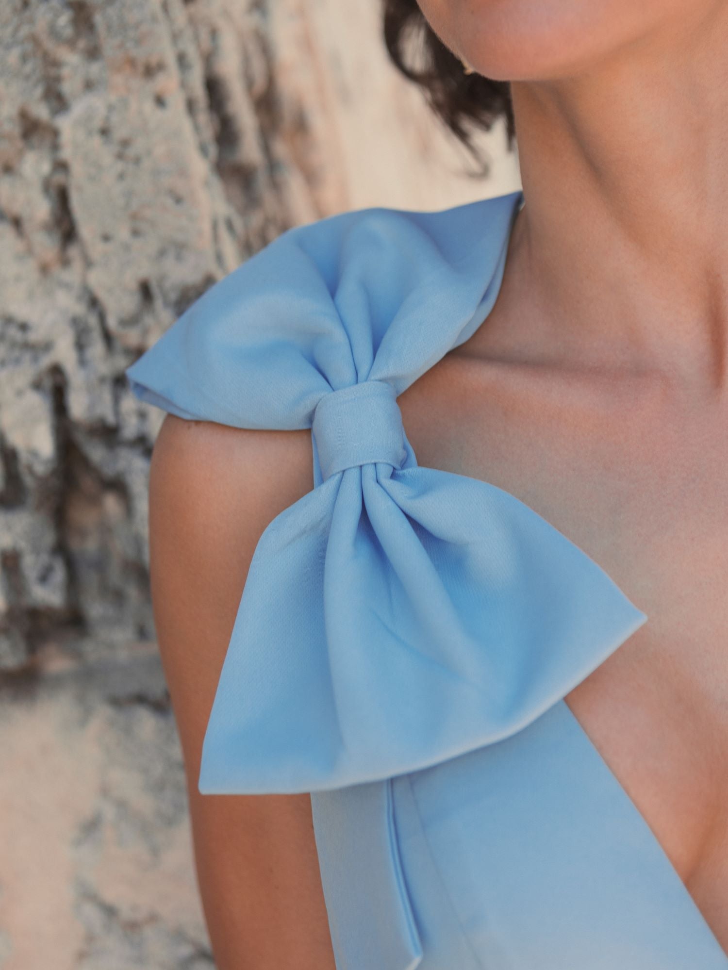Light Blue Sleeveless V Neck Bow Detail Mermaid Wedding Guest Gown In