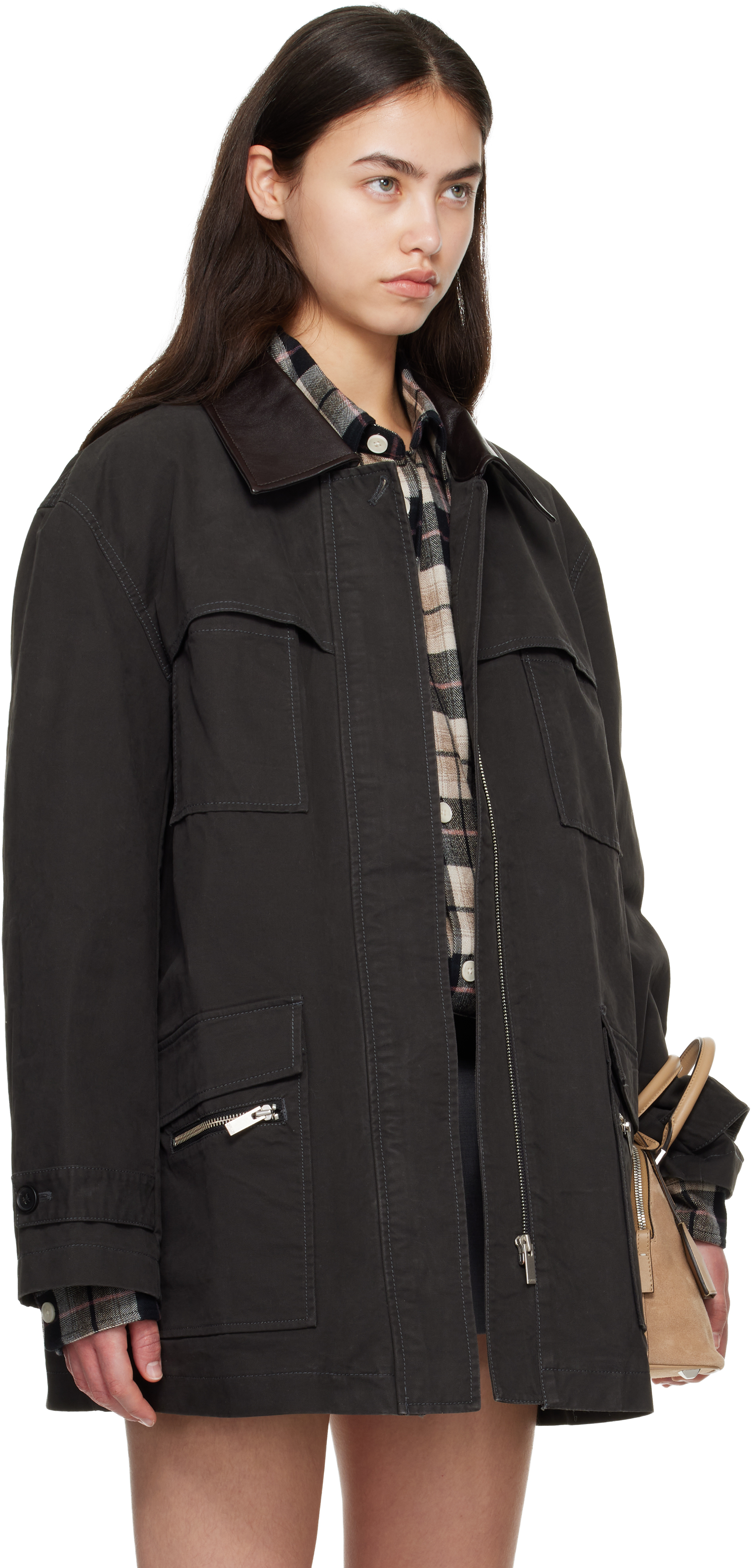 Black Leather-Collar Multi-Pockets Distressed Jacket