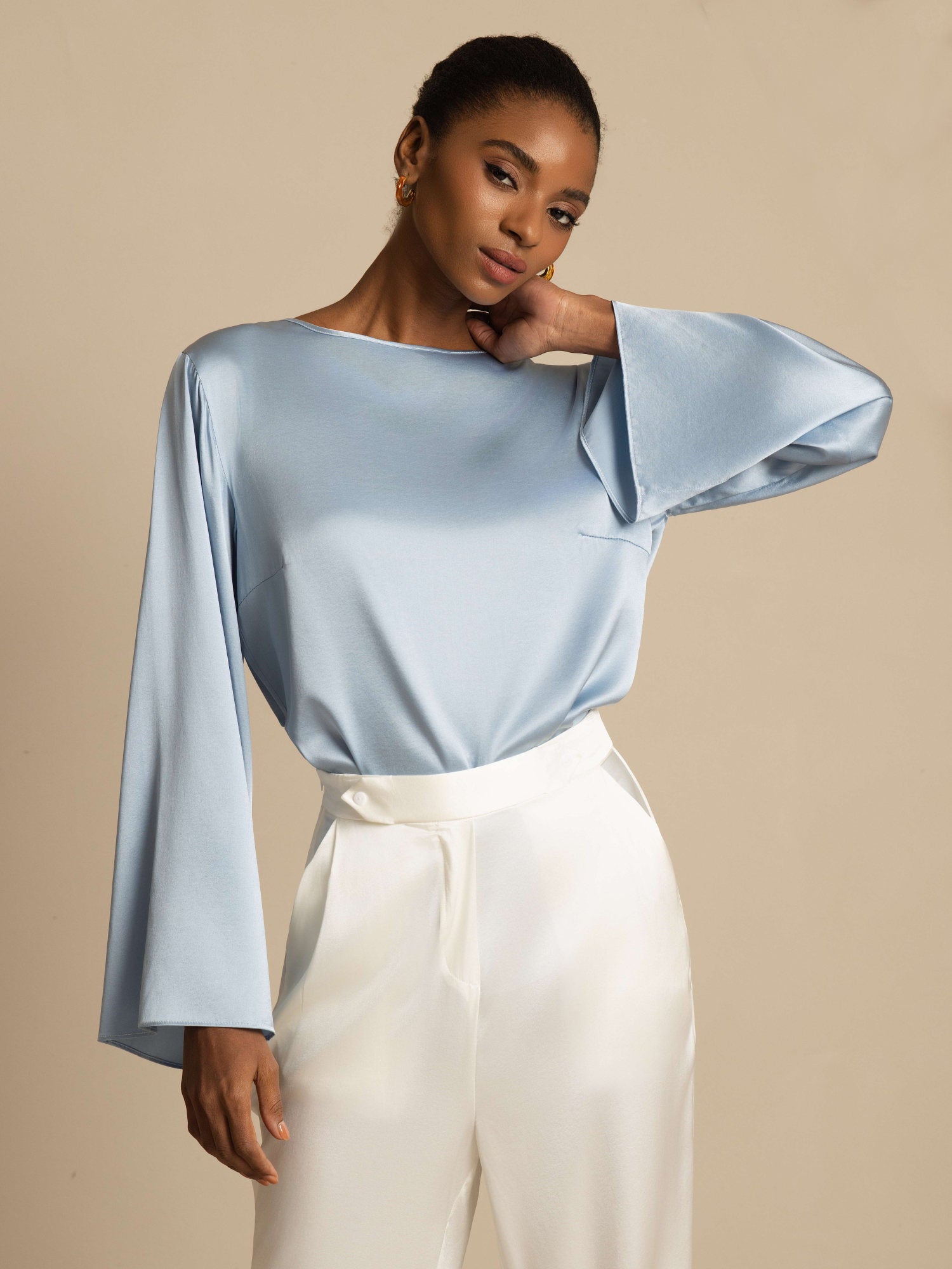 19Momme Silk Bell Sleeve Boat Neck Women's Top