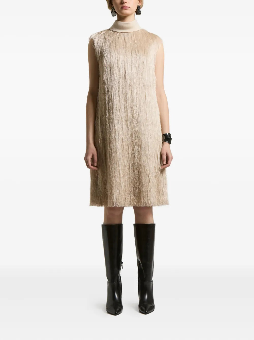 Fringed High-Neck Dress — Beige