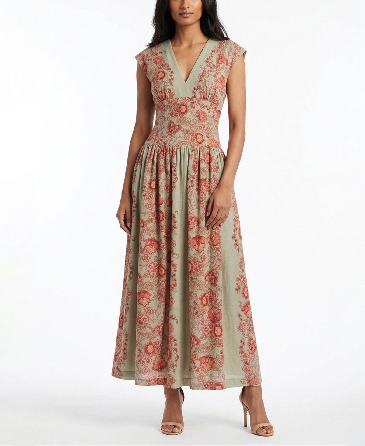 Women's V-Neck Floral Print A-Line Dress - Saybrook Sage Coral