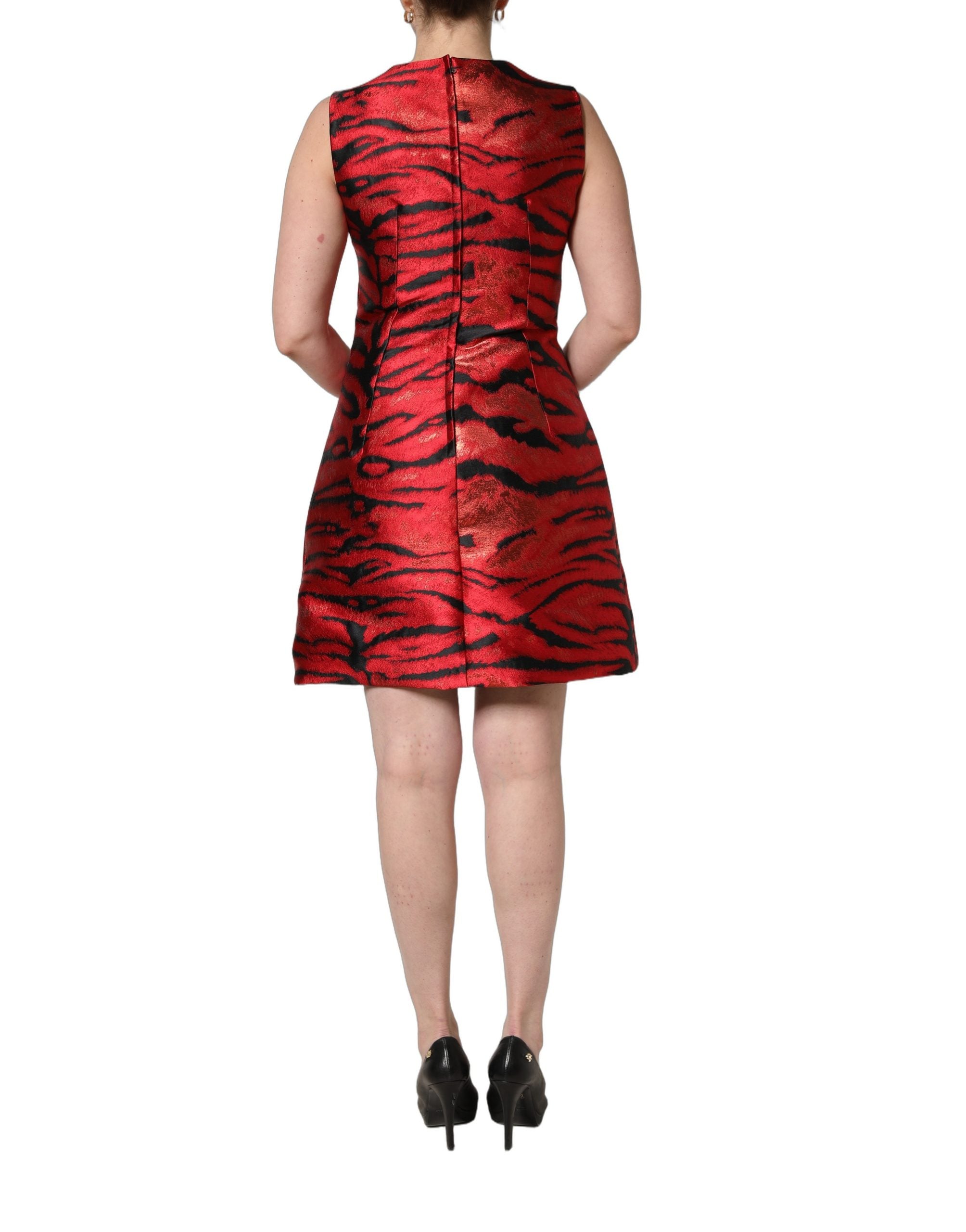 Tiger-Print Jacquard Flared Dress — Red