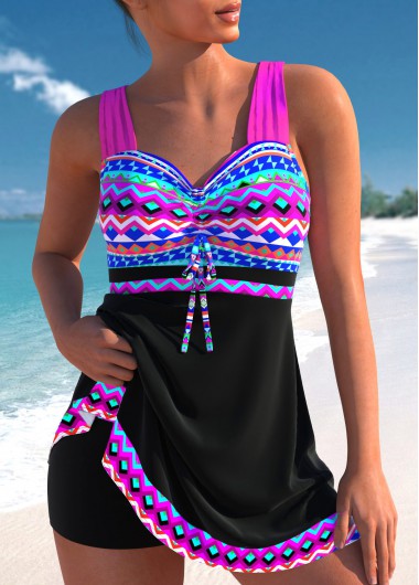 Modlily Bowknot African Tribal Print Neon Rose Red Tankini Set