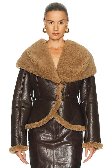 Magda Butrym Leather Shearling Hooded Jacket in Brown - Brown. 38 also