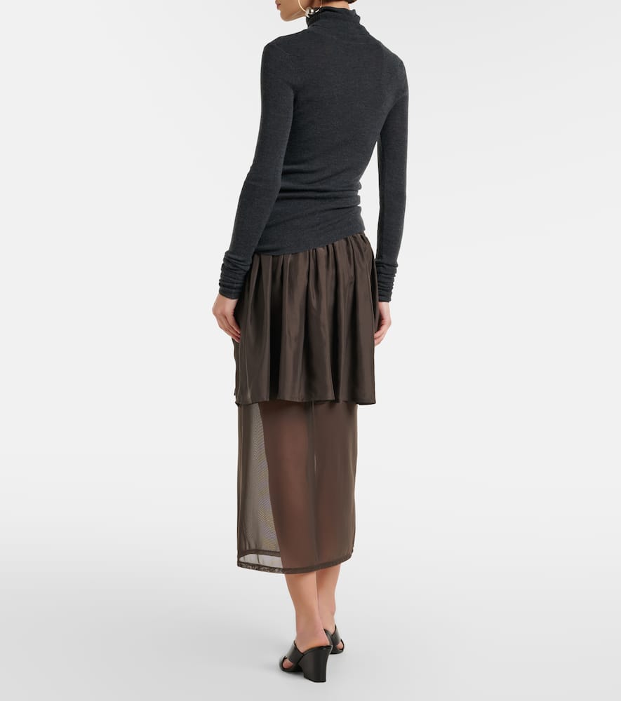 Draped semi-sheer silk midi skirt