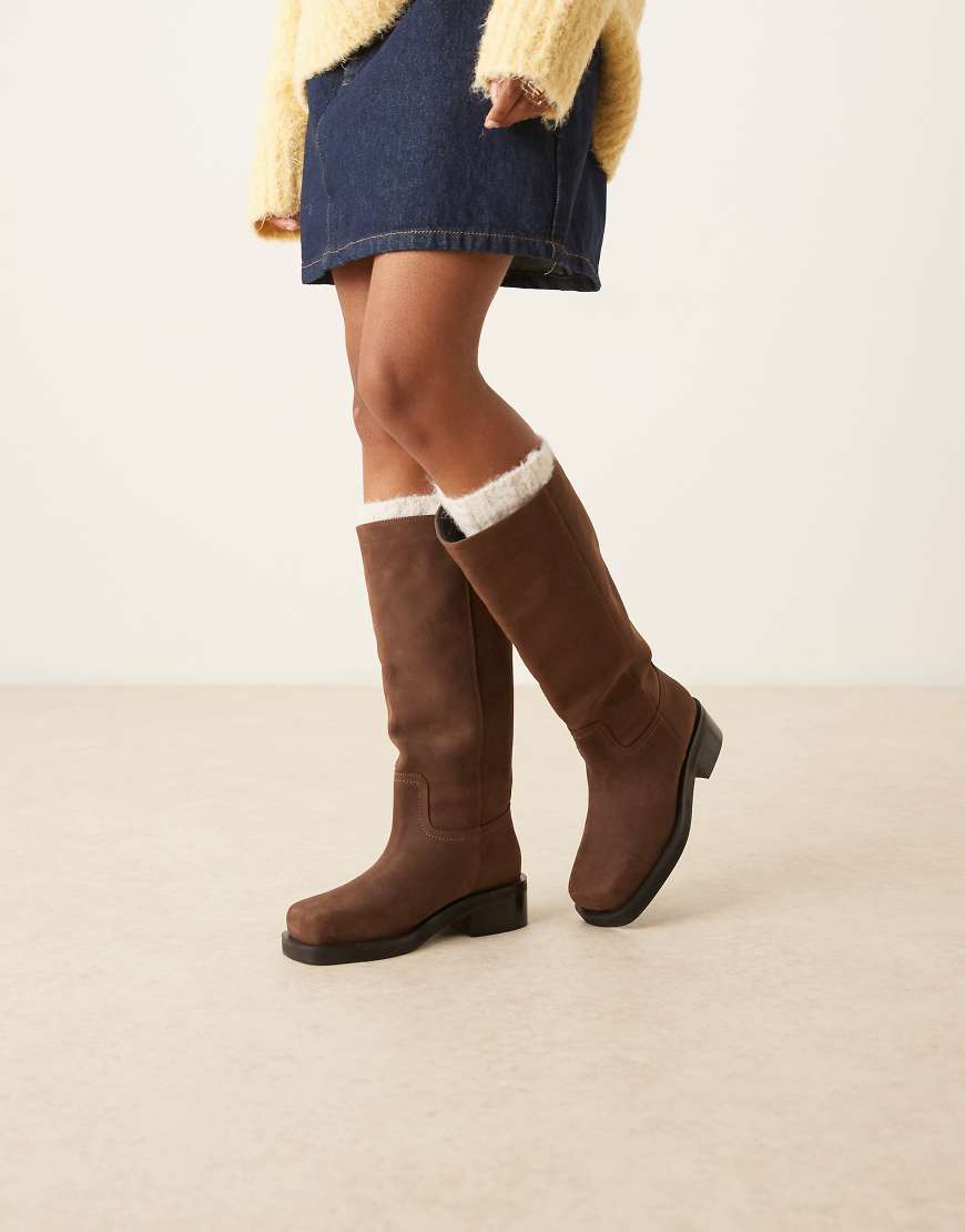 Cynthia leather trucker pull on knee boots in chocolate nubuck-Brown