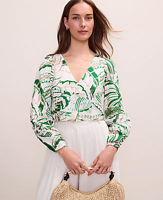 Ann Taylor Palm Print Embroidered V-Neck Blouse in Linen Blend