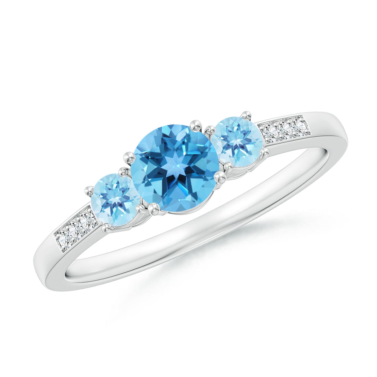 Angara 0.6 Carat Three Stone Round Swiss Blue Topaz Ring with Diamond Accents in Platinum