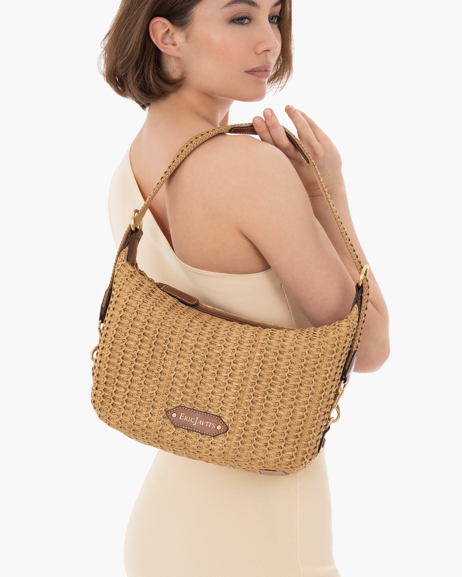 Woven Raffia Hobo Bag with Leather Trim - Natural Color