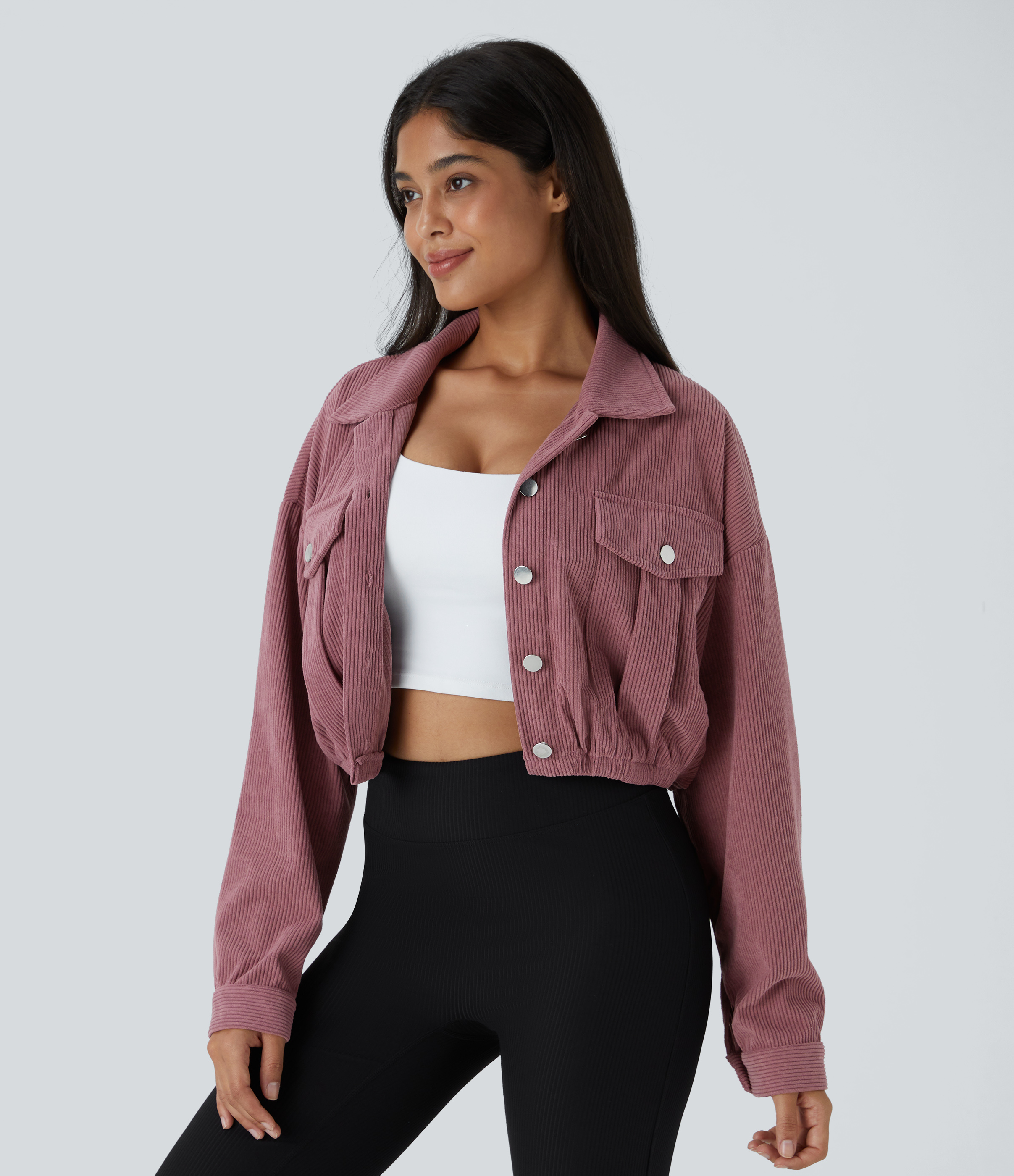 Halara Collared Button Pocket Cropped Corduroy Casual Jacket - Deco Rose