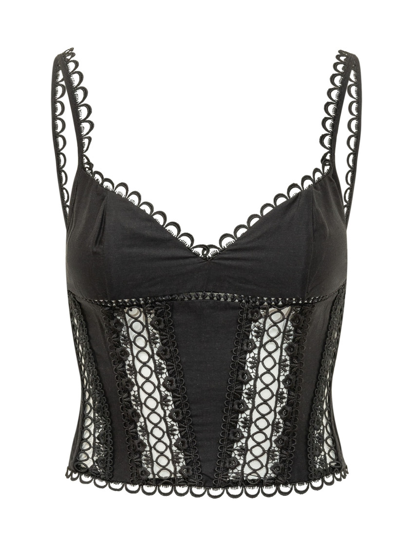 Black Embroidered V Neck Top