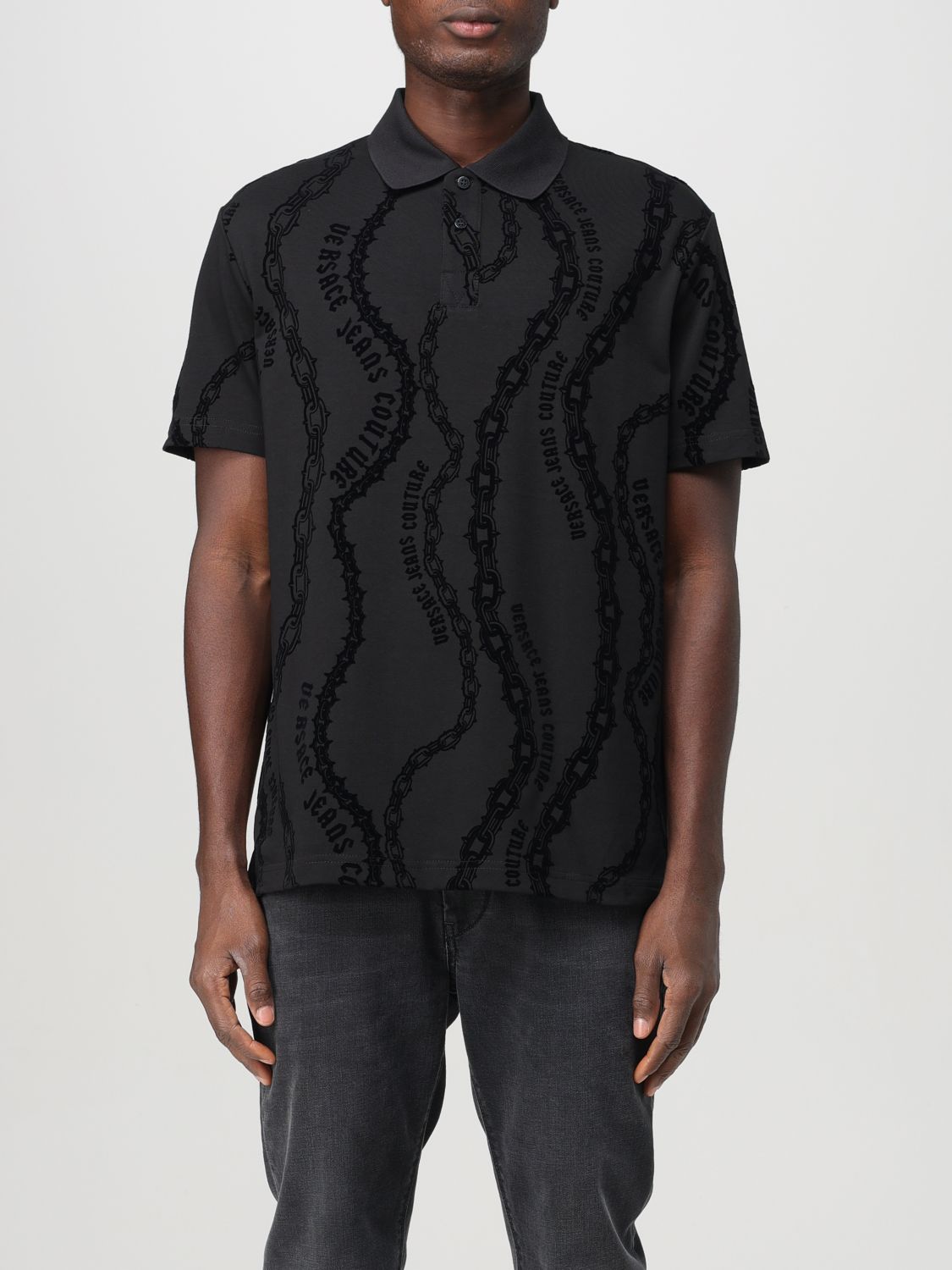 Flocked-print jersey polo shirt - Black