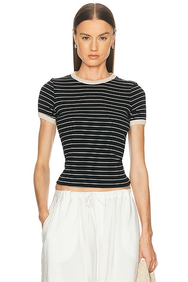 Enza Costa Cotton Stripe Classic Short Sleeve Tee in Black & Wheat - Black. L also in M