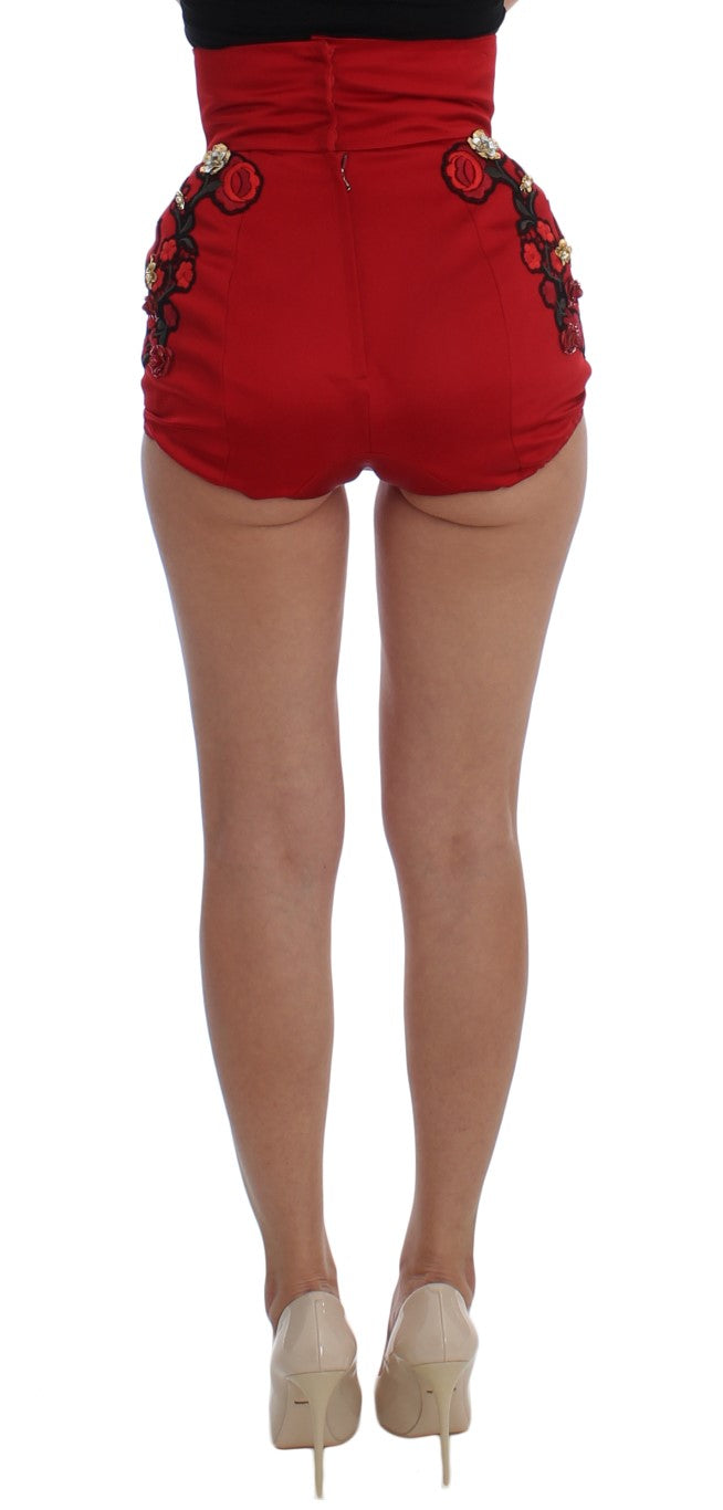 Silk Crystal Roses Embroidered Short Trousers — Red
