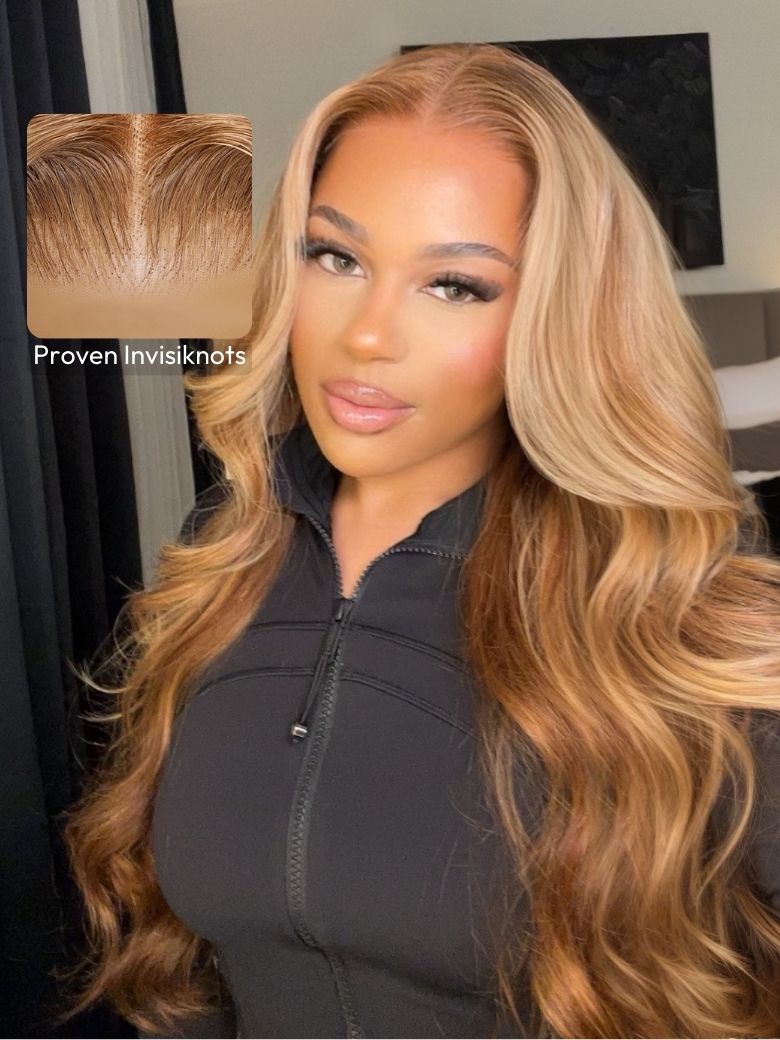 [18"-24"] 7x5 Bye-Bye Knots Wig Pre-Cut Glueless Lace 180% Density Honey Blonde Body Wave Wig With Bleached Clean Knot