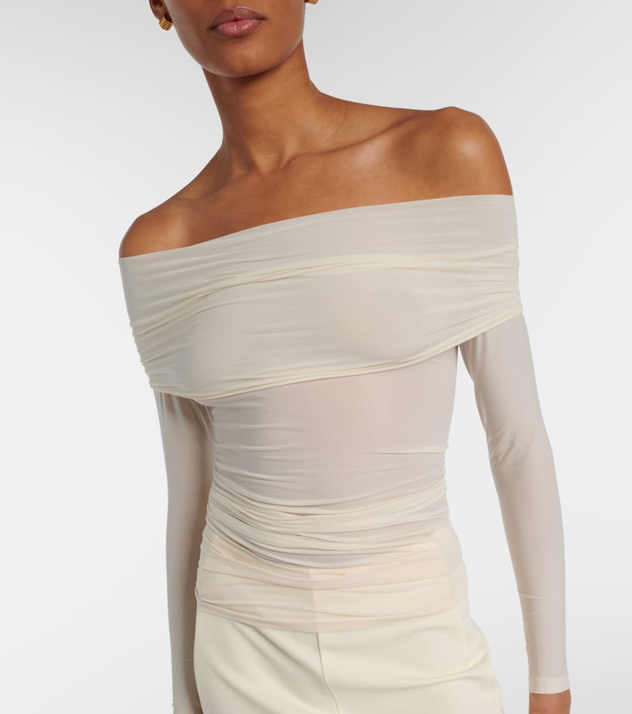 Draped semi-sheer off-shoulder top