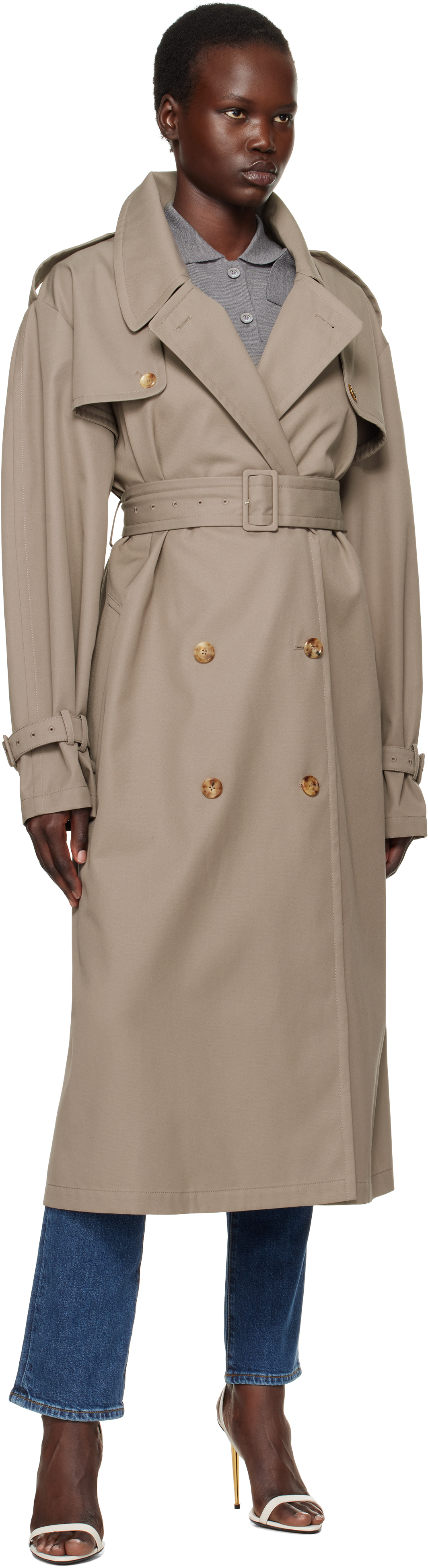 Moschino Taupe Gabardine Tailored Twist Trench Coat
