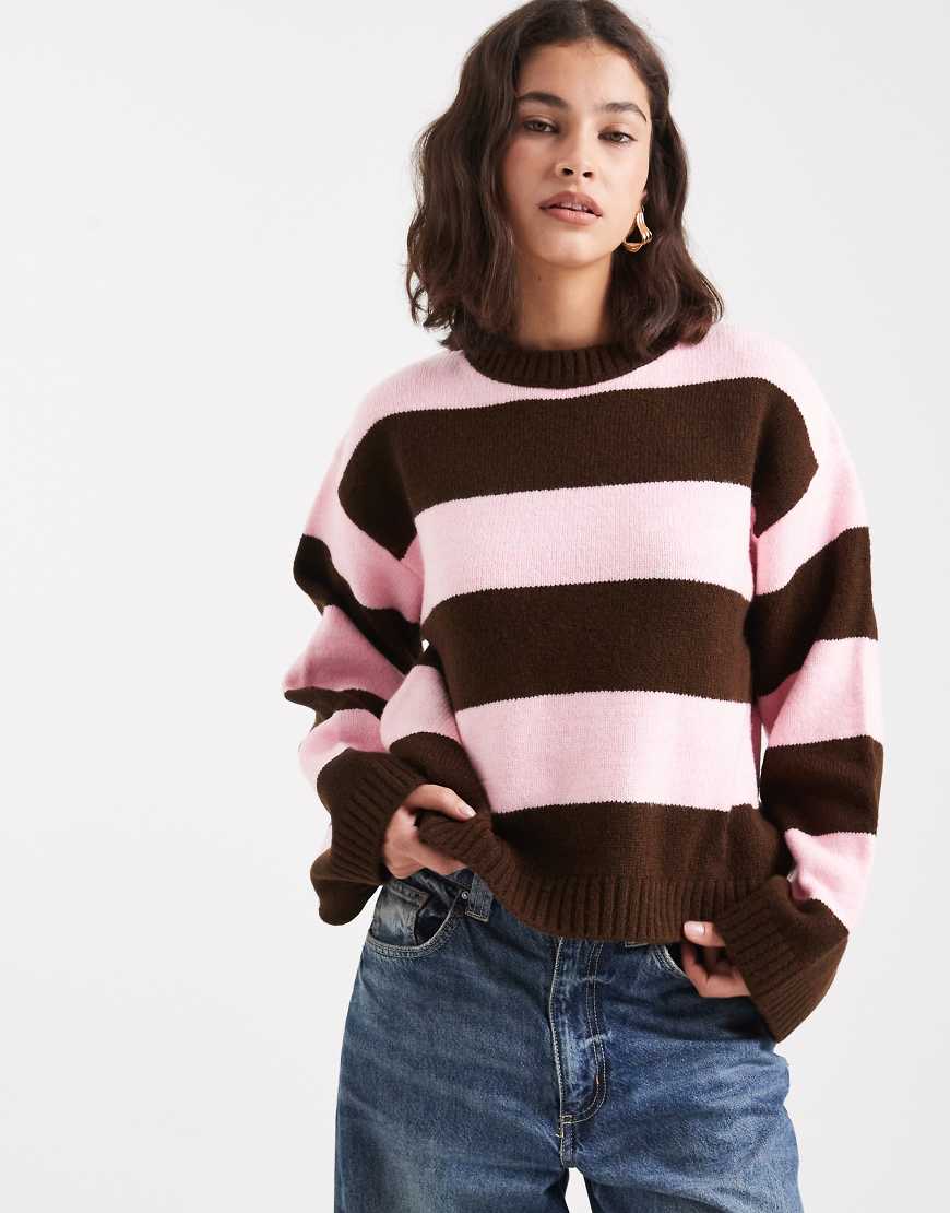 Boxy fit knitted jumper in wide stripe in brown and pink-Multi