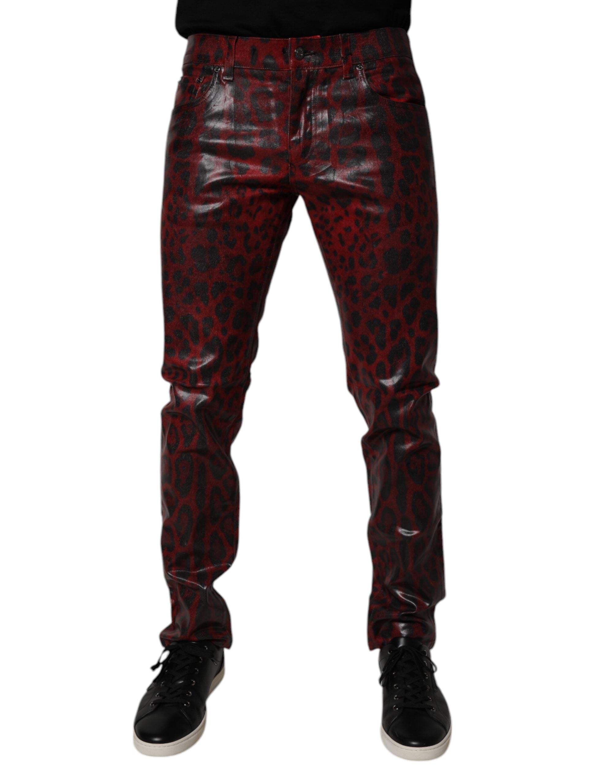 Leopard-Print Denim Jeans — Red