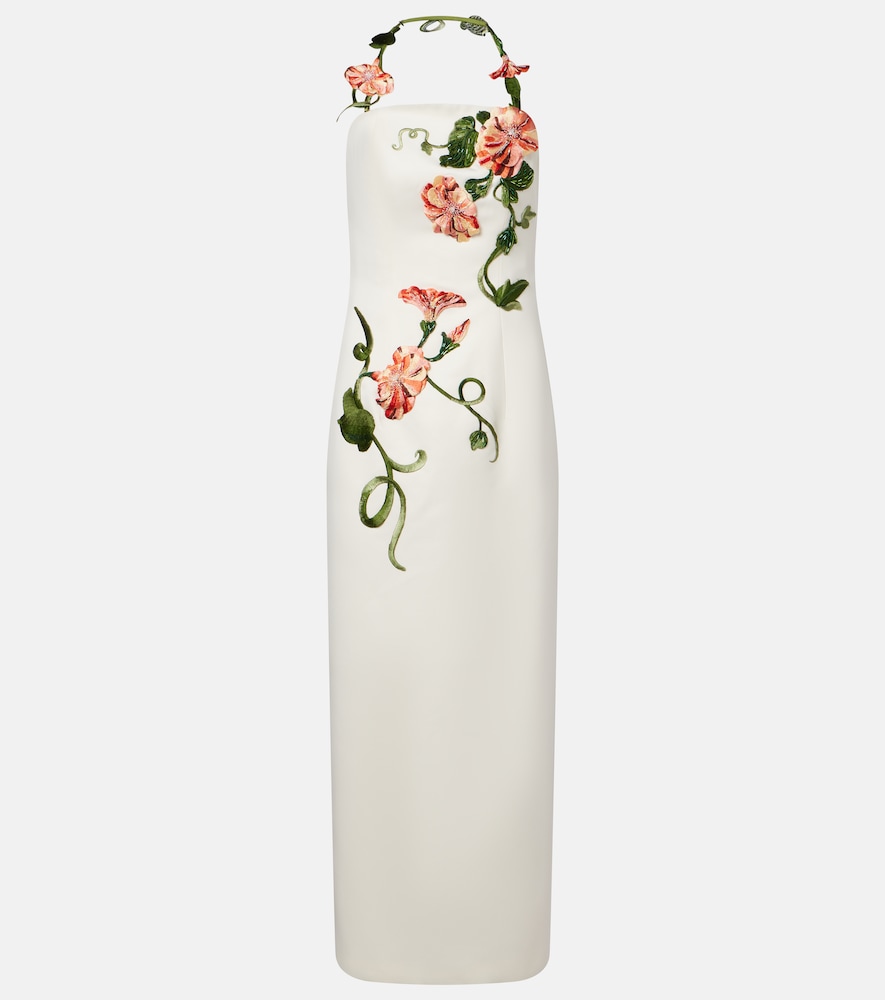 Floral-appliqué halterneck gown
