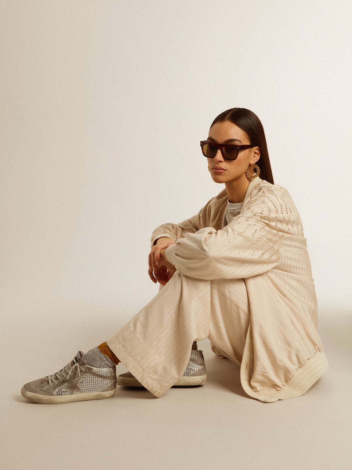 Golden Goose - Mid Star In Silver Suede With Swarovski Crystals And Suede Star, Woman