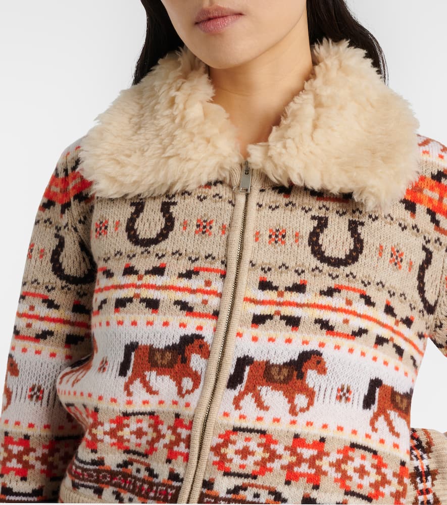 Intarsia virgin wool zip-up cardigan