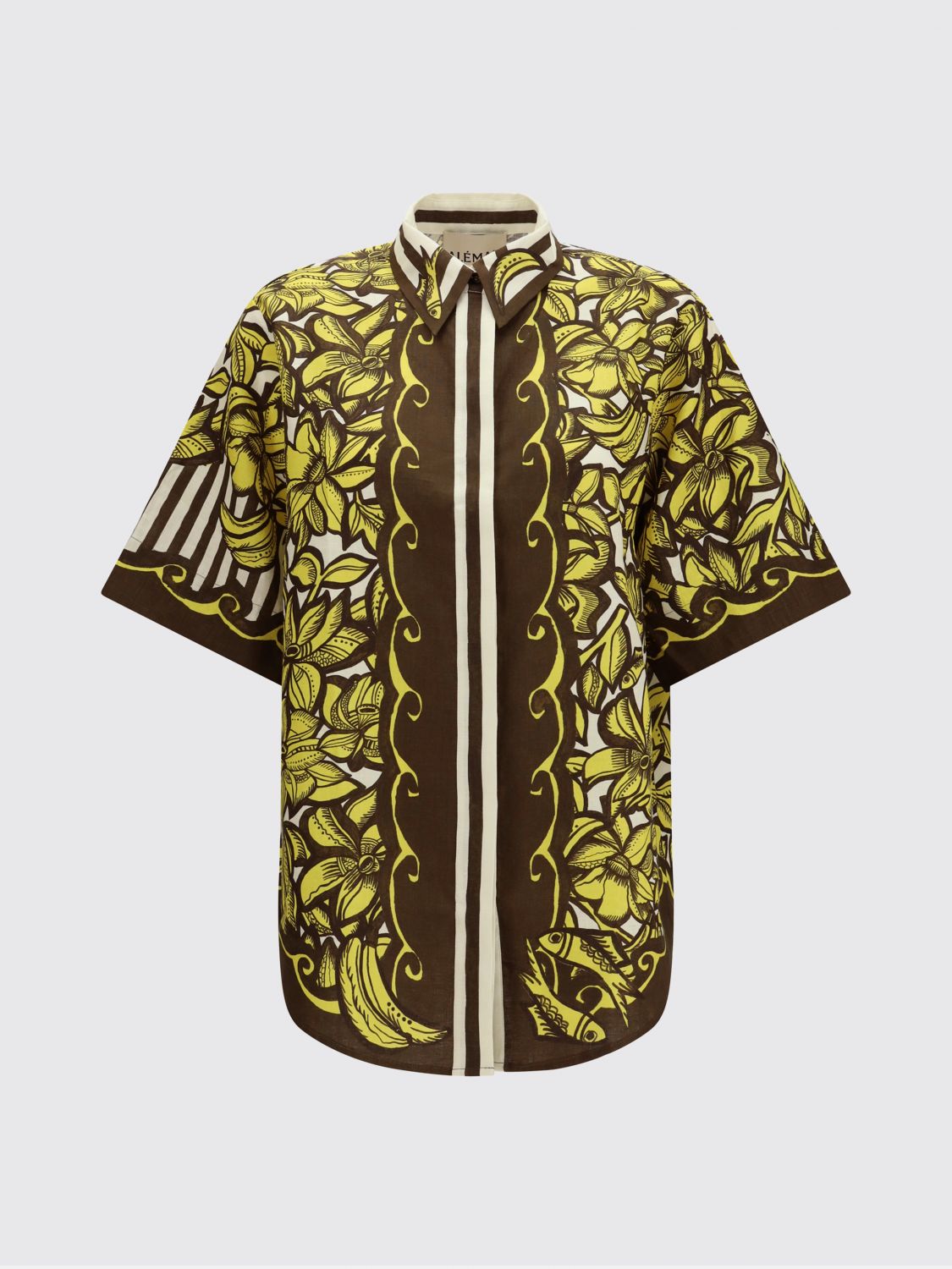 Floral Print Short-Sleeve Hemp Shirt with Logo
