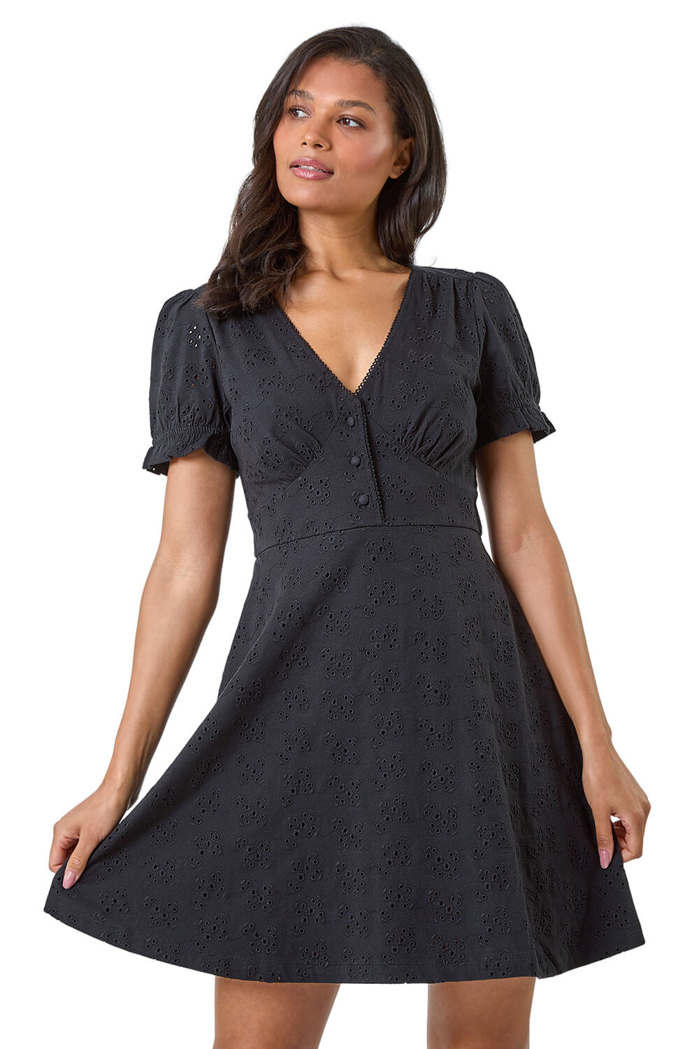 Roman Womens Embroidered Cotton Stretch Jersey Frill Dress - Black
