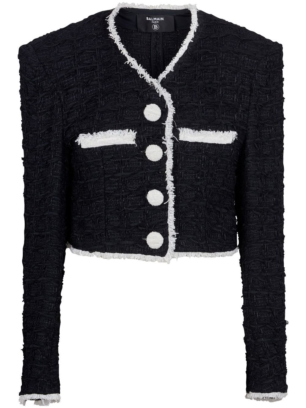 V-neck cropped tweed jacket - Black