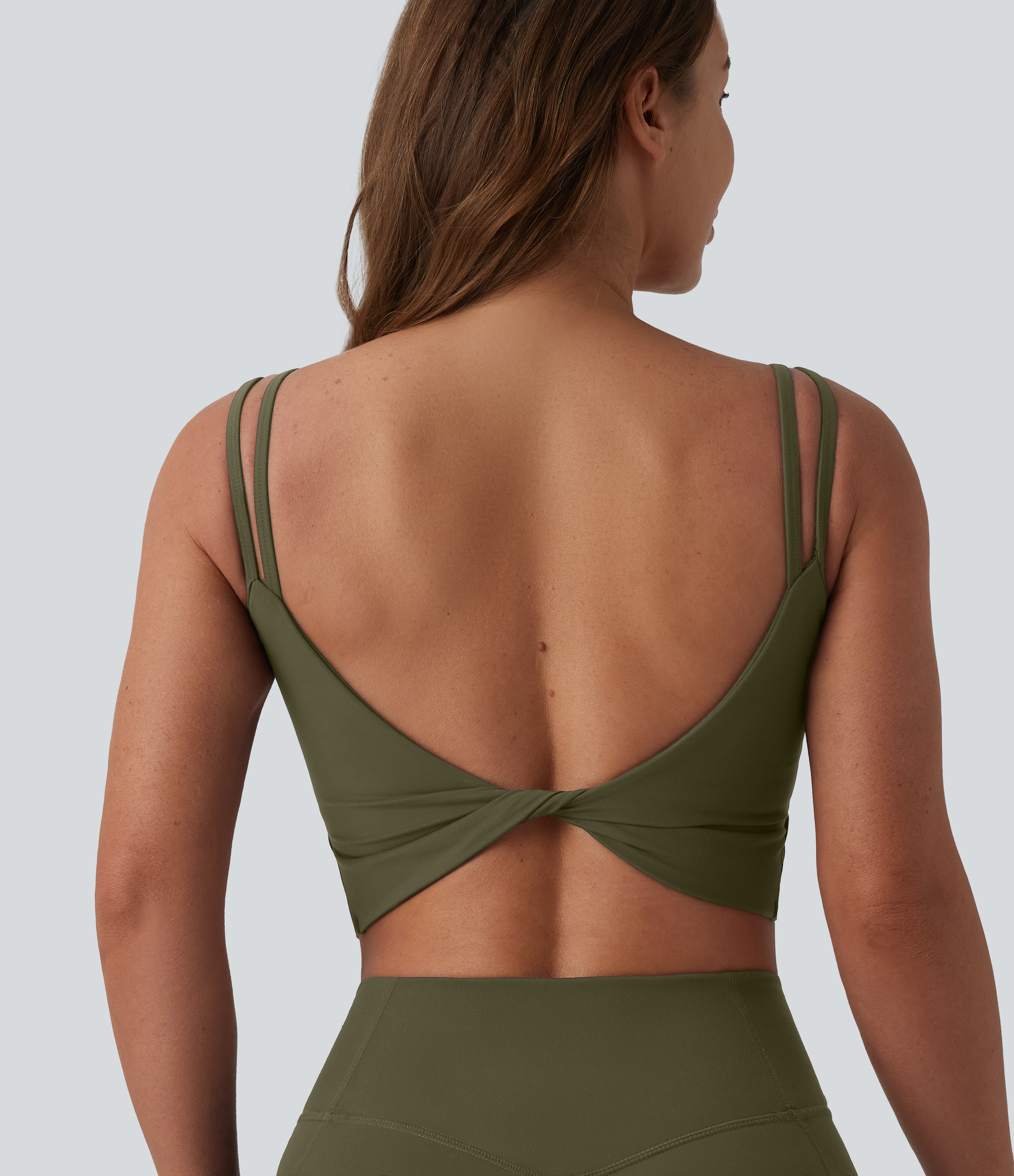 UltraSculpt™ Double Straps Twisted Backless Cropped Built-in Bra Yoga Tank Top DD-F Cups Tank Top - Grass Grey Green