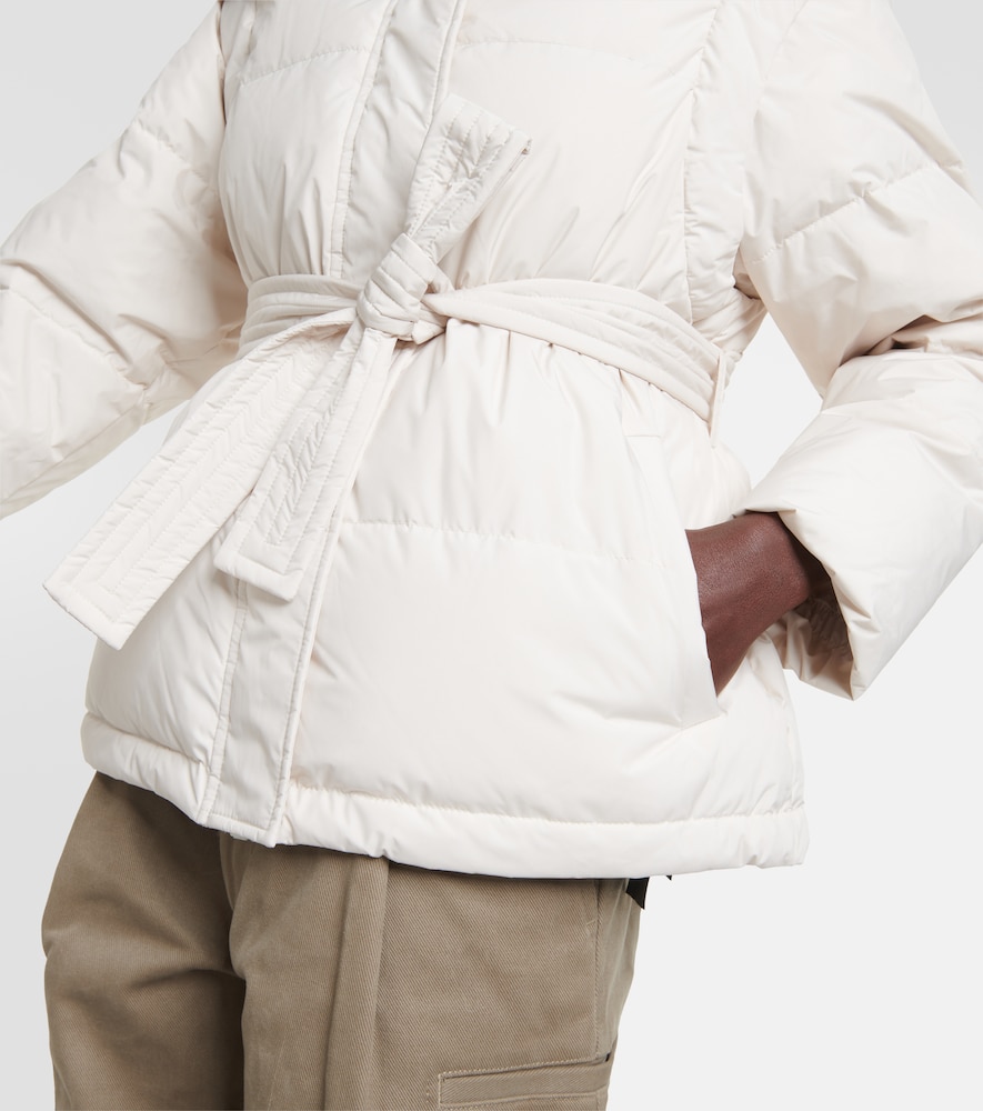 Belted shearling-trimmed down jacket