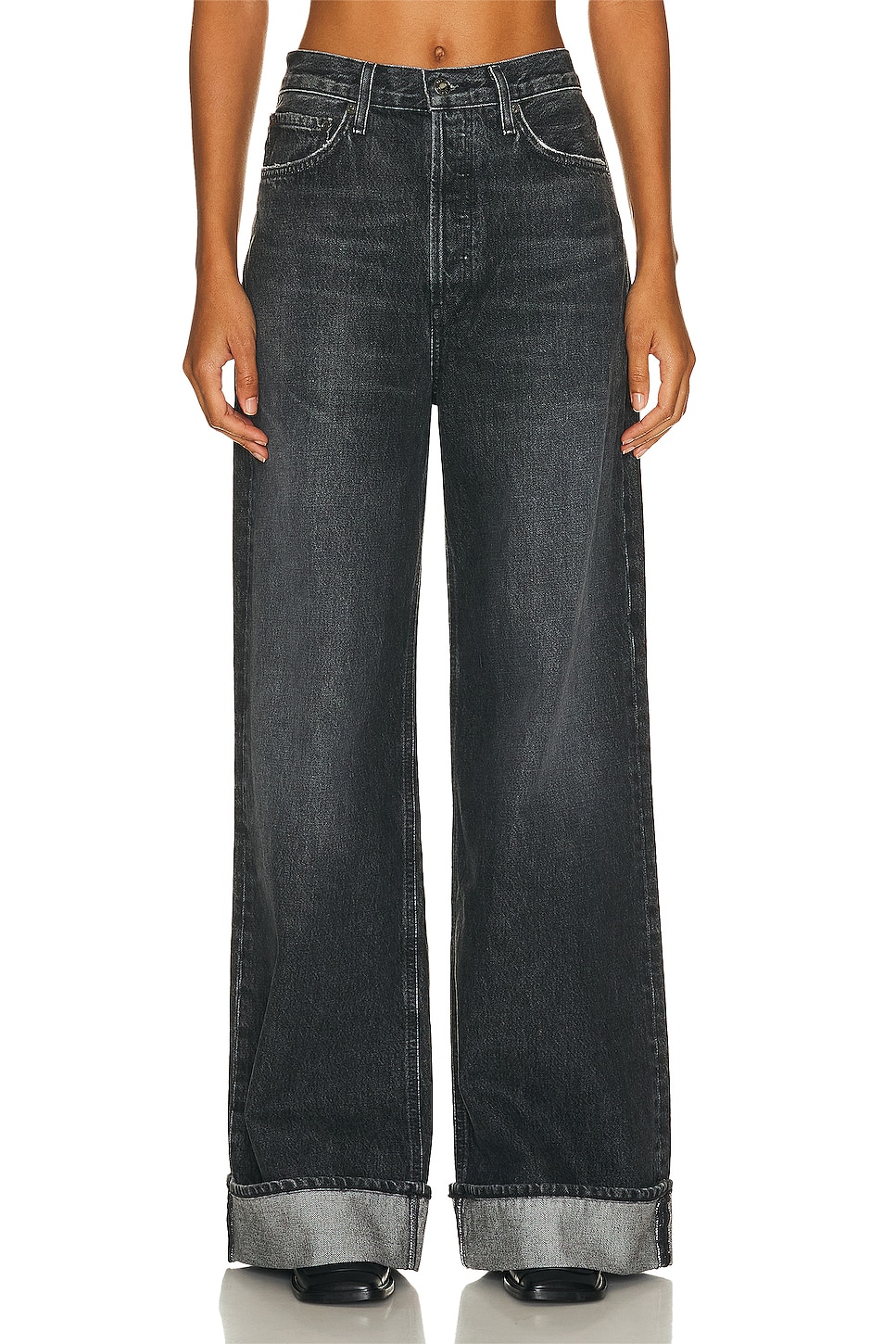 Agolde Women's Dame Dark Grey Wide Ribbed Denim Jeans in Blue | Size 28 | A91591346