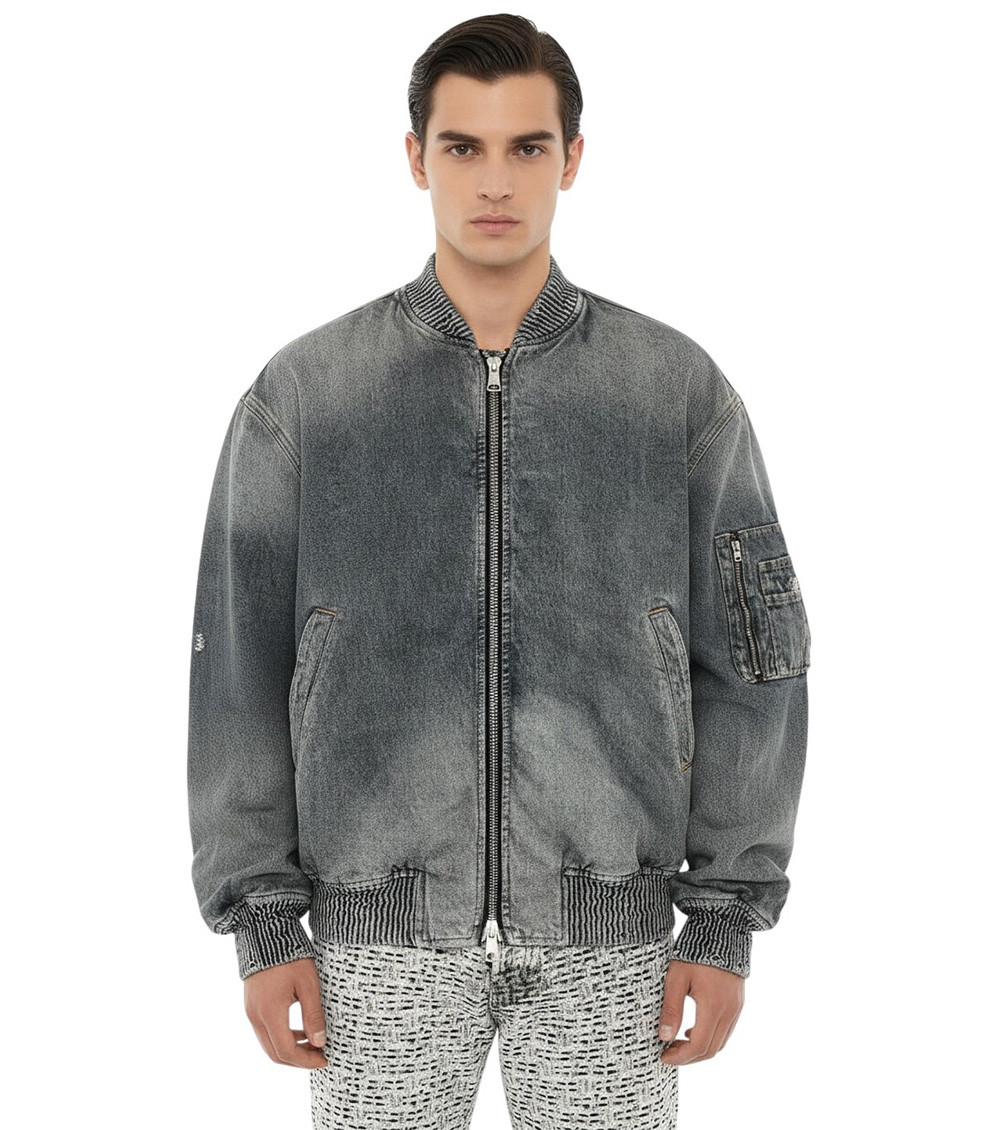 Blue Distressed Bomber Jacket