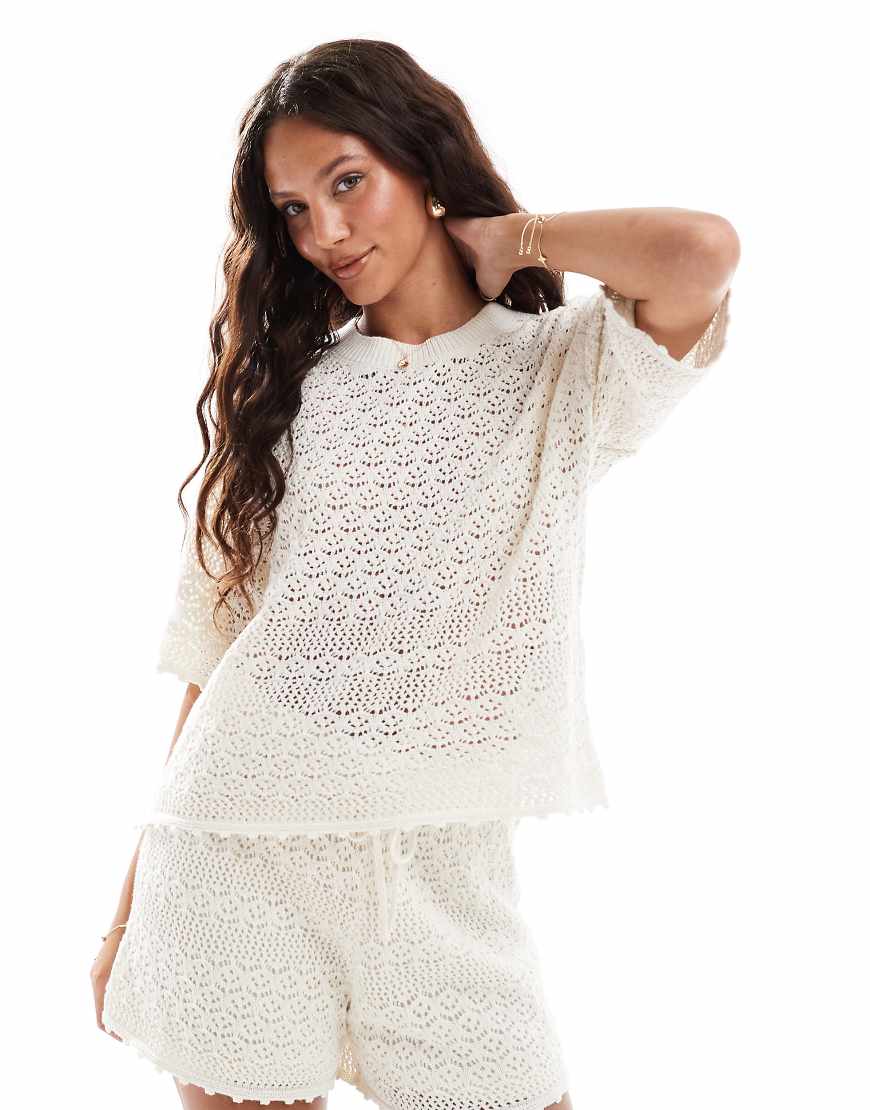 Vero Moda crochet boxy tee co-ord in birch cream-White