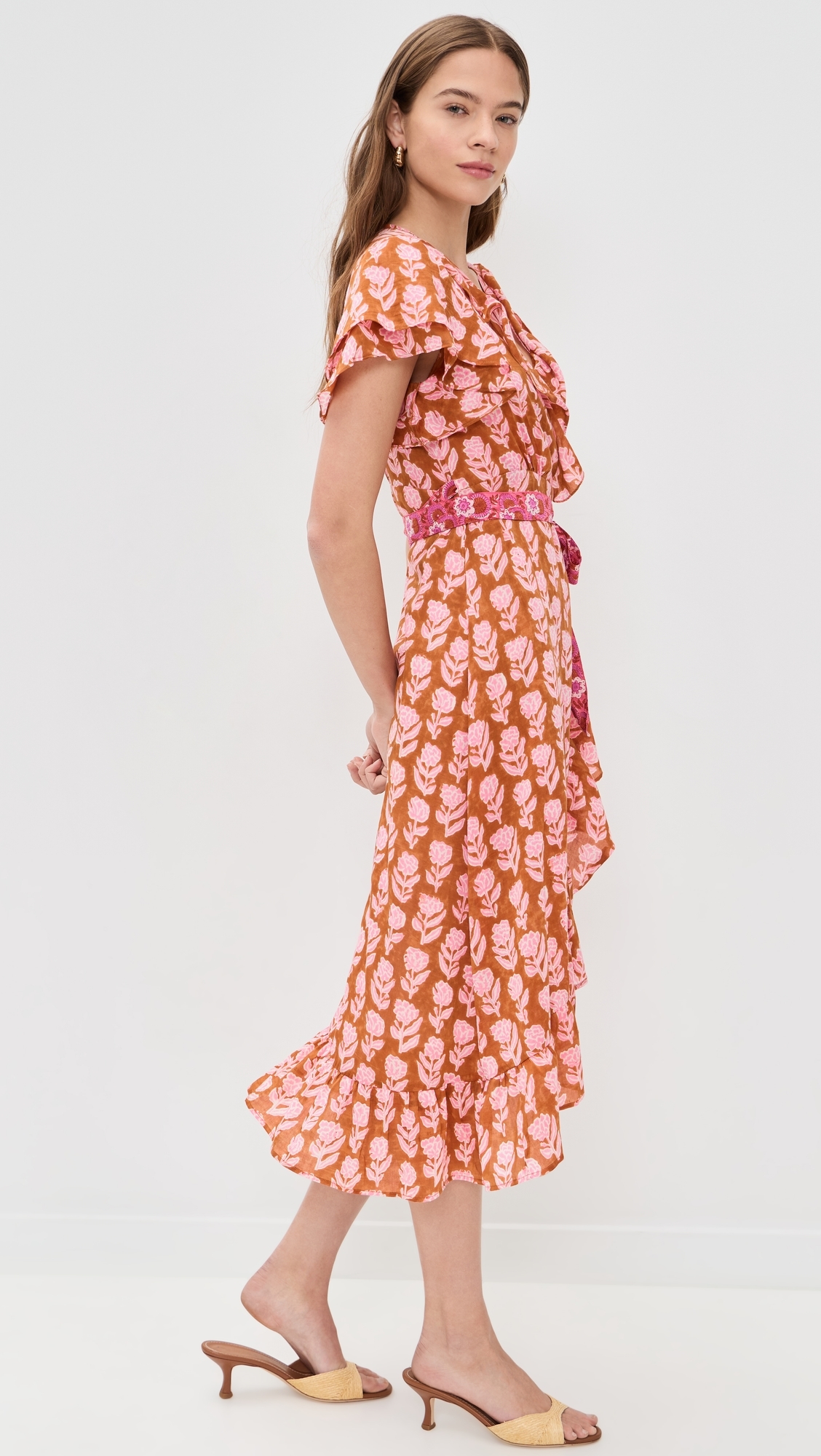 Frilly Wrap Dress Brown And Pink Flower